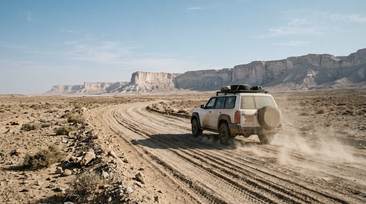 The unmarked desert track leading toward Jebel Fihrayn, the final approach on the route to the Edge of the World near Riyadh